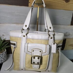 Coach Legacy Natural Woven Straw and White Leather Tote
